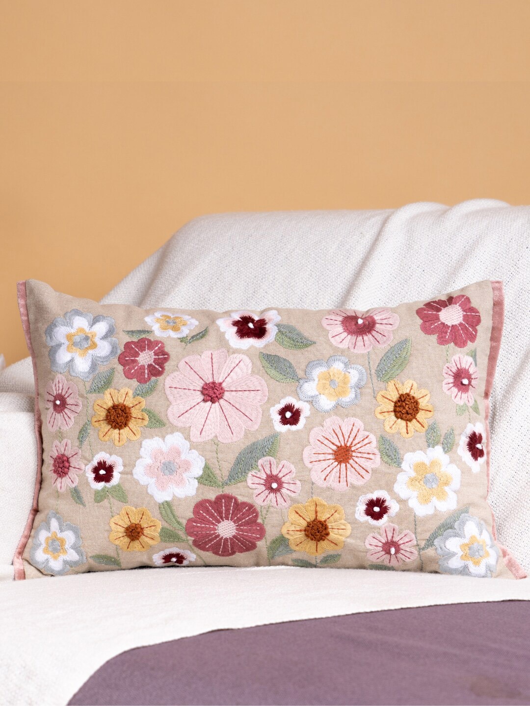 

haus & kinder Beige & Green Floral Embroidered Cotton Rectangle Cushion Cover