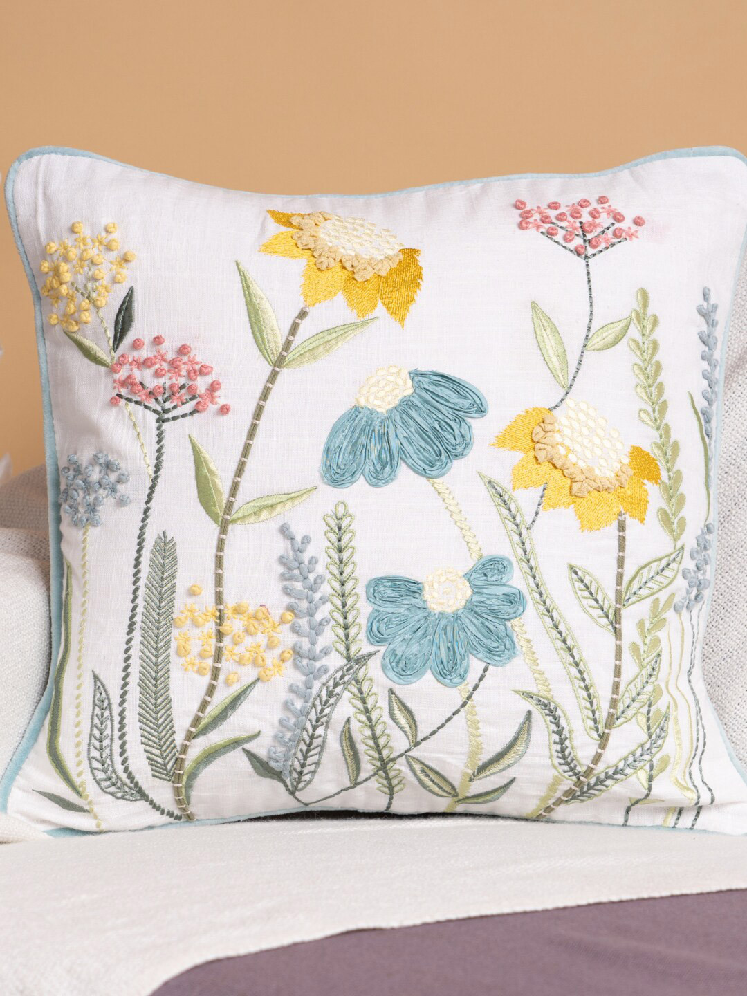 

haus & kinder Yellow & White Floral Cotton Embroidered Square Cushion Cover