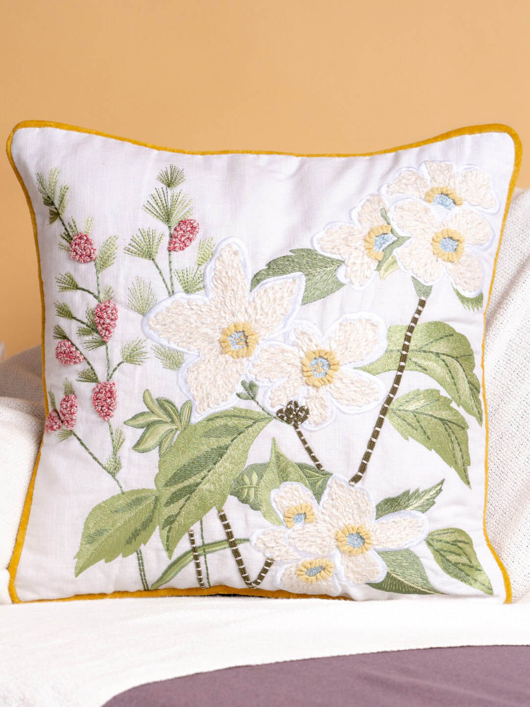 

haus & kinder White & Green Floral Embroidered Cotton Square Cushion Cover