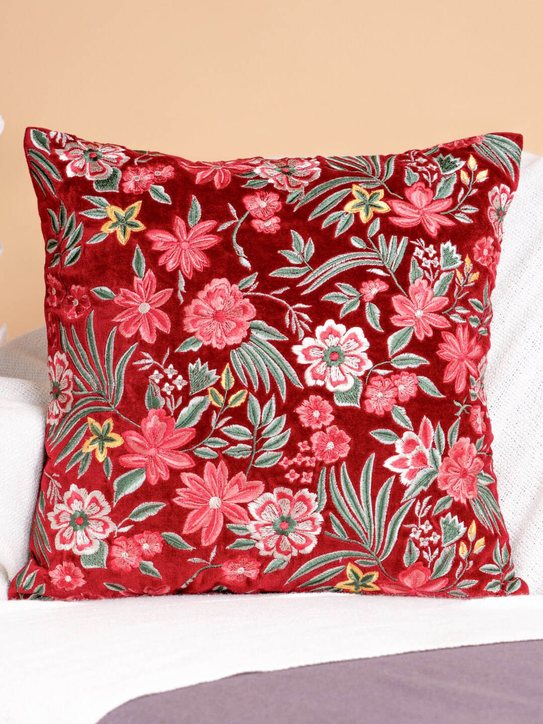 

haus & kinder Kalamkari Red & Green Floral Cotton Square Cushion Cover