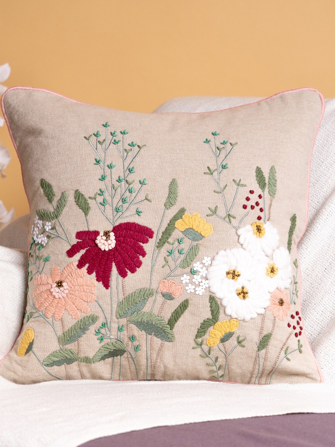 

haus & kinder Blush Wildflower Beige & Green Floral Cotton Square Cushion Cover