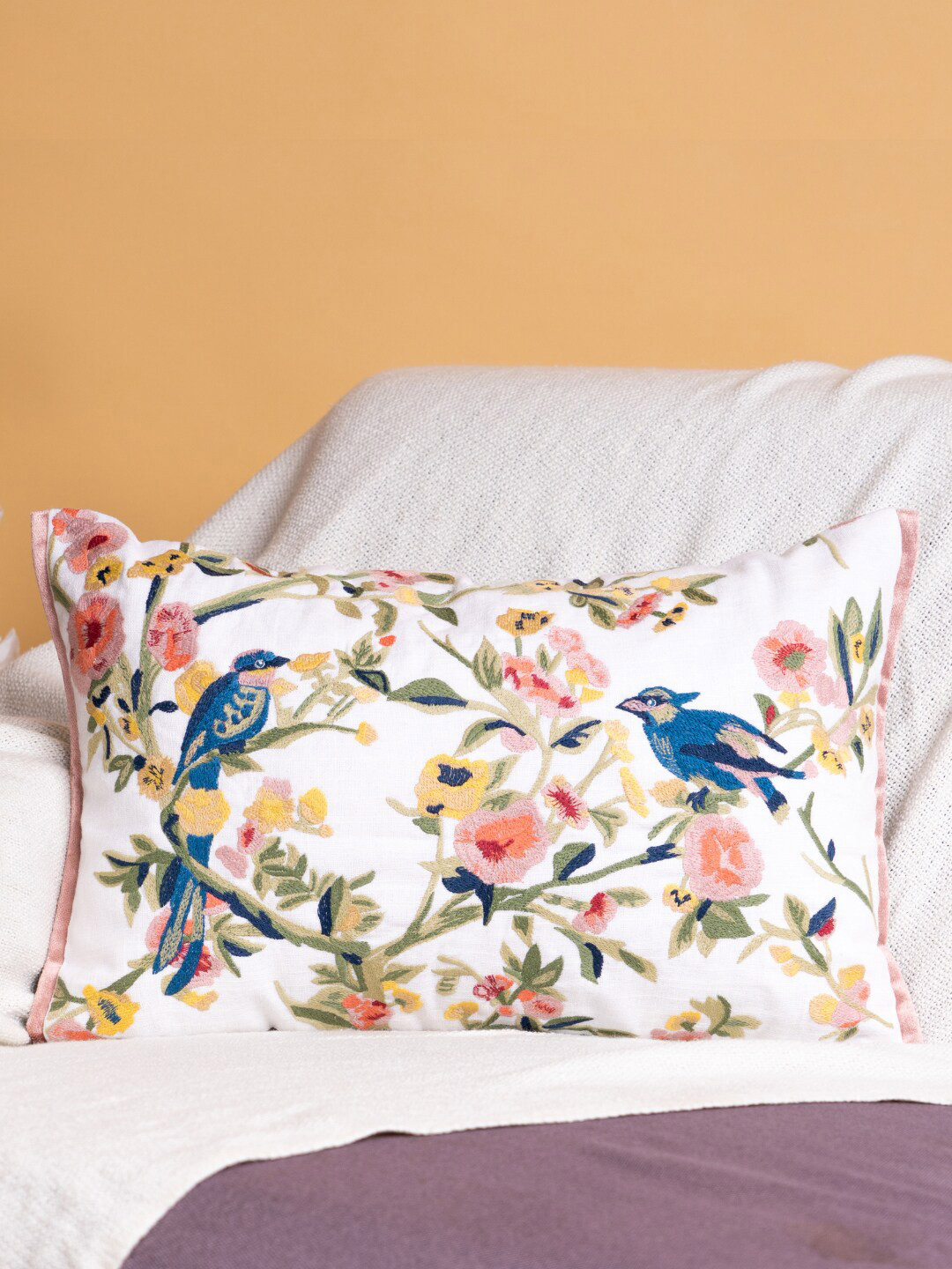 

haus & kinder White & Green Floral Embroidered Cotton Rectangle Cushion Cover
