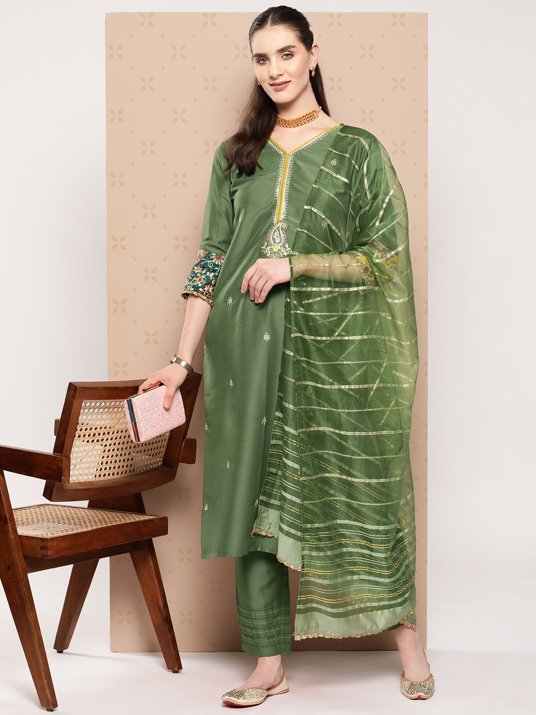 

Indo Era Women Ethnic Motifs Yoke Design Regular Kurta with Trousers & Dupatta, Green