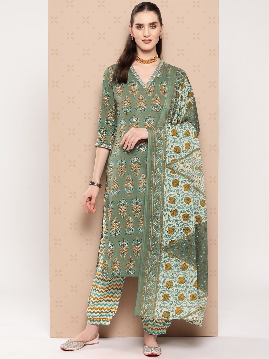 

Indo Era Women Ethnic Motifs Printed Regular Pure Cotton Kurta with Salwar & With Dupatta, Green