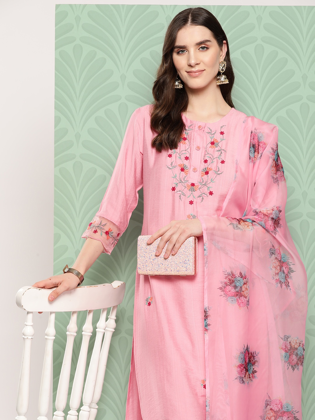 

Indo Era Women Floral Yoke Design Regular Kurta with Trousers & Dupatta, Pink