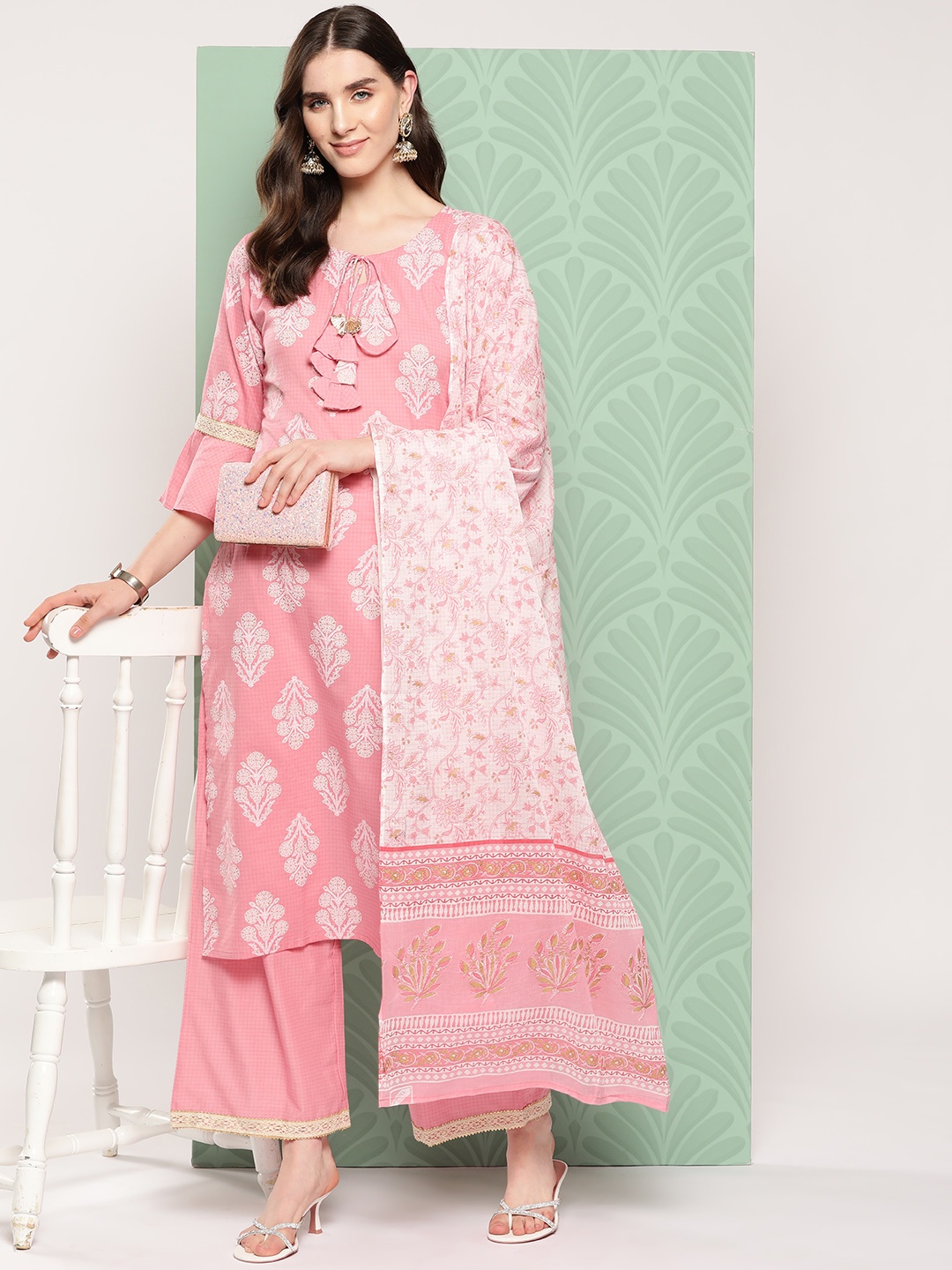 

Indo Era Women Ethnic Motifs Printed Regular Kurta with Trousers & Dupatta, Pink