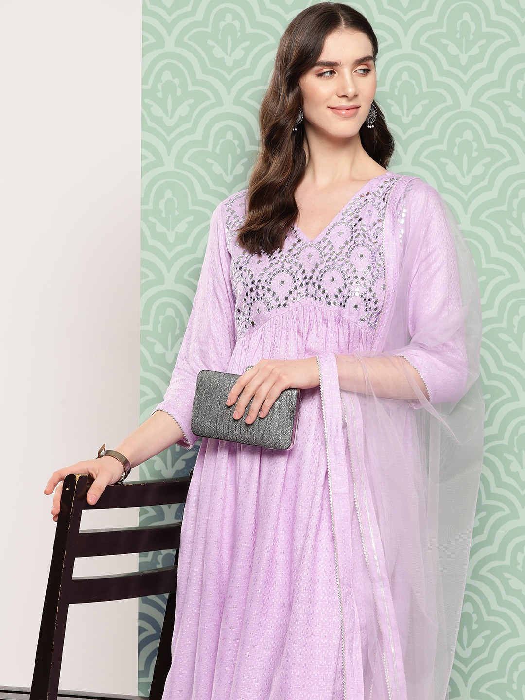 

Indo Era Women Yoke Design Regular Mirror Work Kurta with Trousers & With Dupatta, Lavender