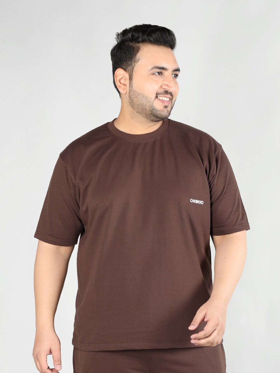 

CHKOKKO Plus Size Round Neck Cotton Sports T-shirt, Coffee brown