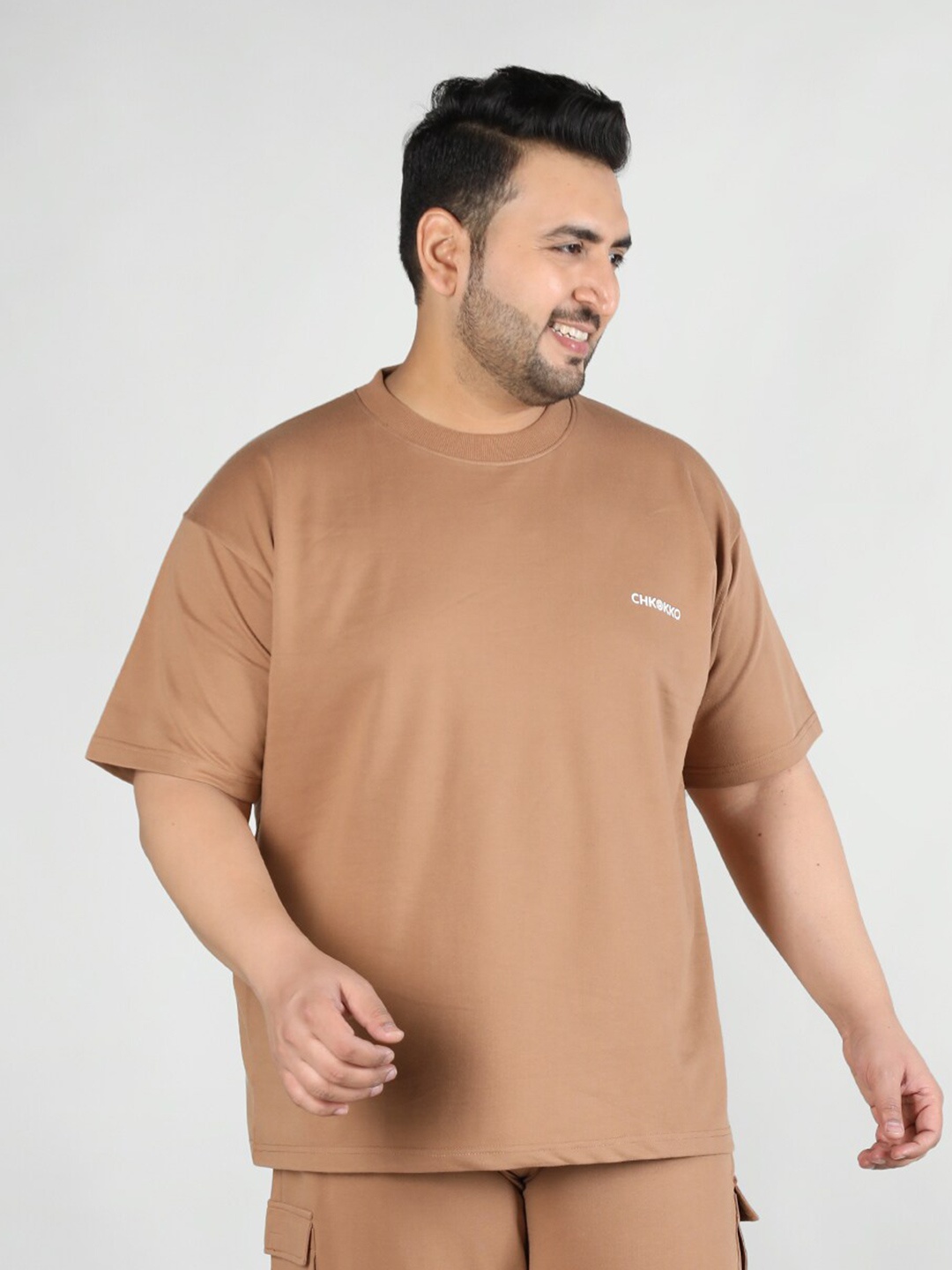 

CHKOKKO Plus Size Round Neck Cotton Sports T-shirt, Camel brown