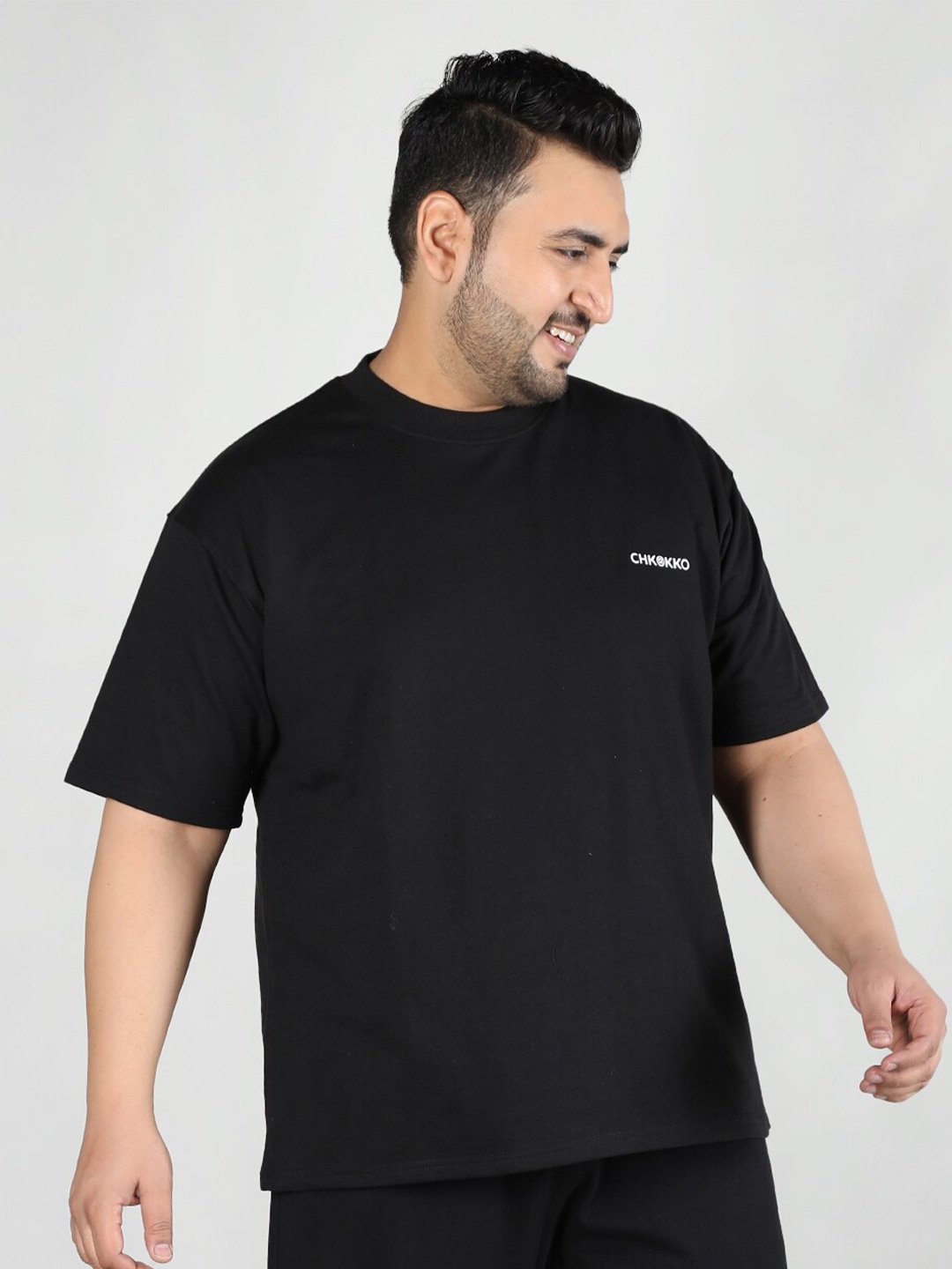 

CHKOKKO Plus Size Round Neck Cotton Sports T-shirt, Black