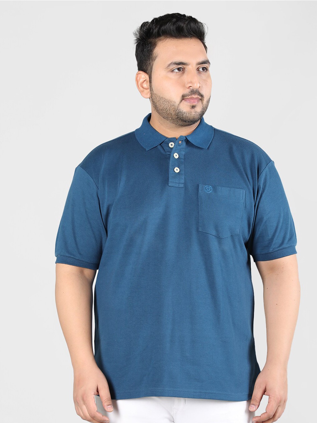 

CHKOKKO Plus Size Polo Collar Regular Fit Cotton T-shirt, Blue