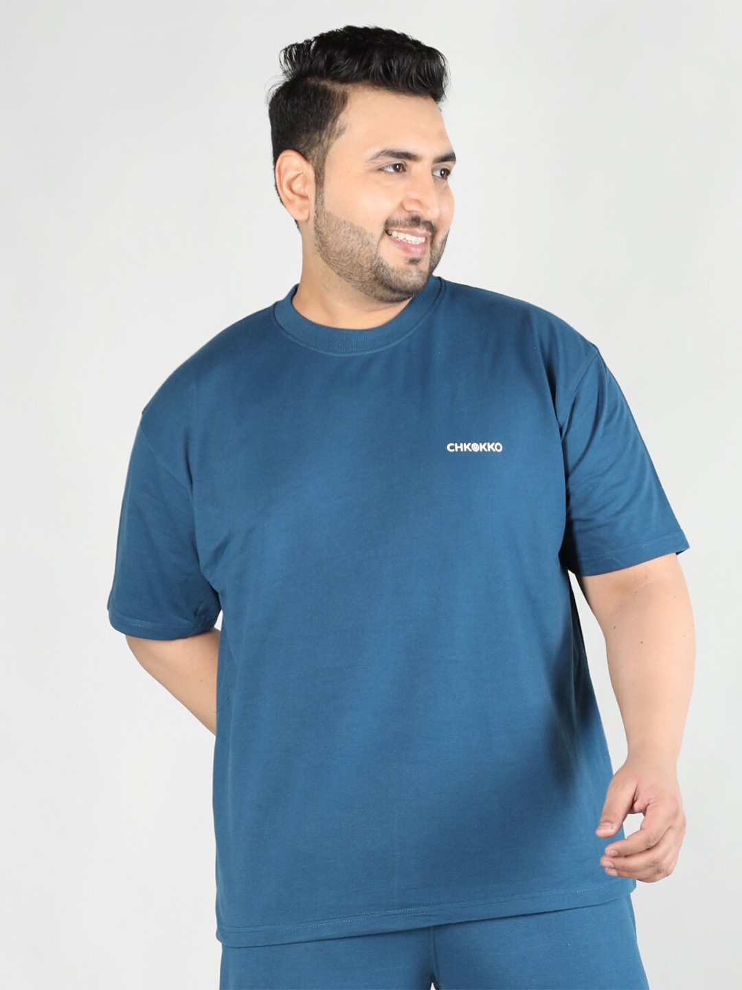 

CHKOKKO Plus Size Round Neck Cotton Sports T-shirt, Blue