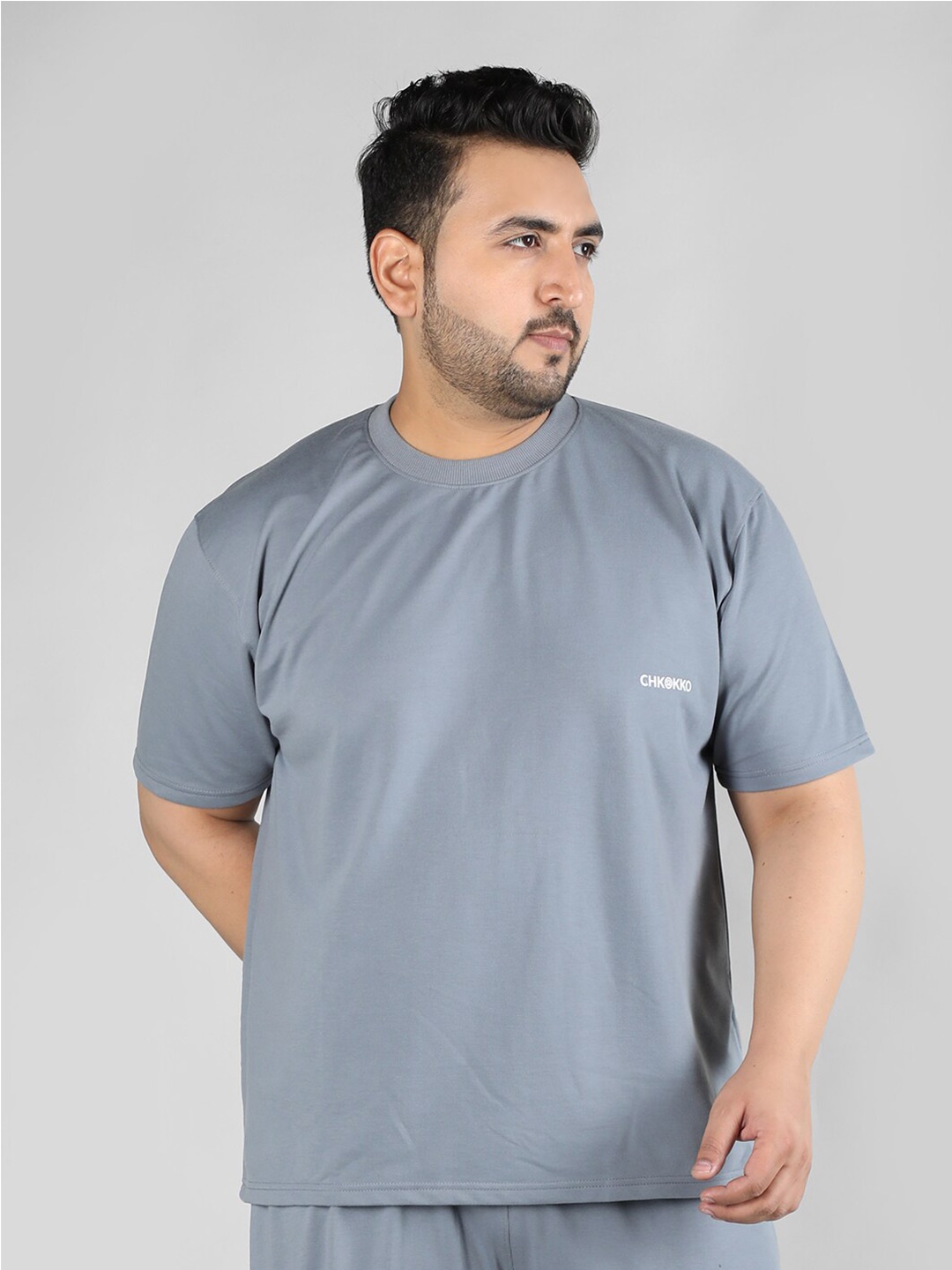 

CHKOKKO Plus Size Round Neck Cotton Sports T-shirt, Grey