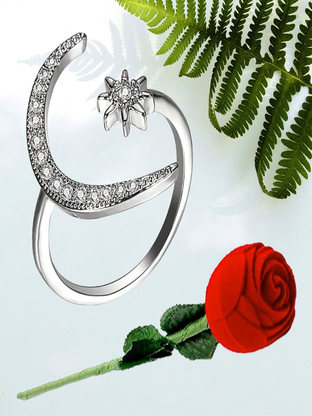 

UNIVERSITY TRENDZ Silver-Plated Crystal Stud Finger Ring With Velvet Rose Set