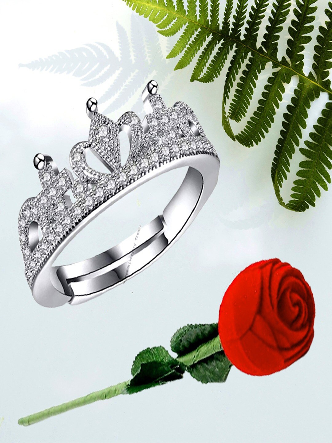 

University Trendz Silver-Plated Single Crown Ring With Artificial Velvet Rose Combo