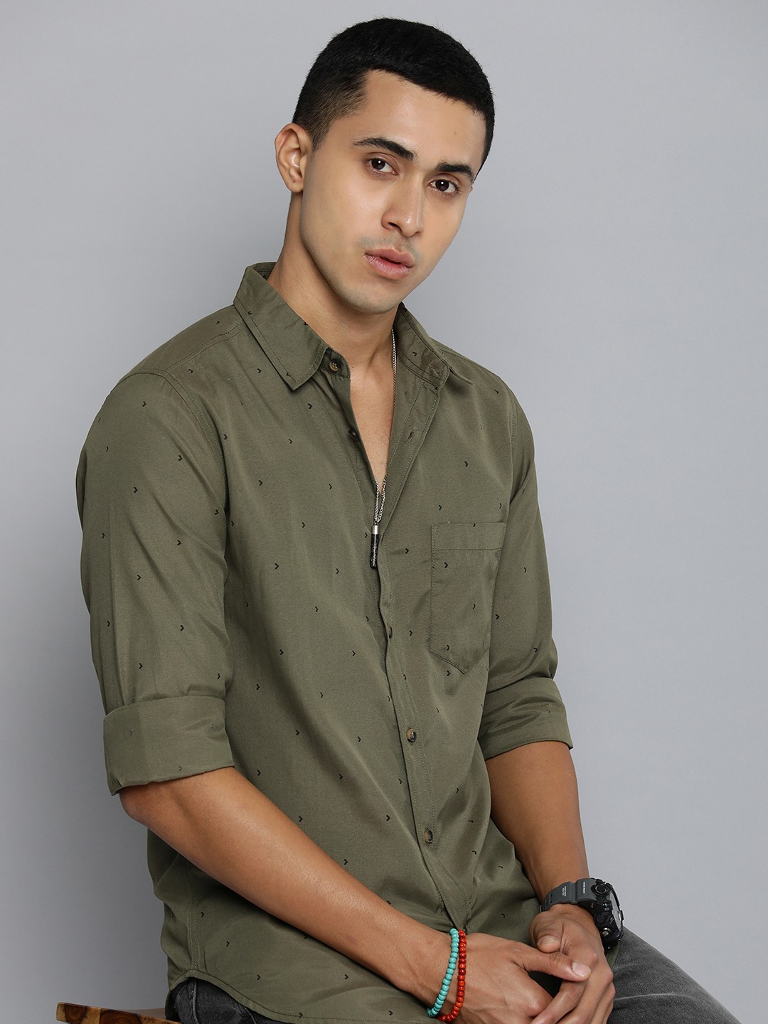 

R.Code by The Roadster Life Co. Geometric Printed Casual Shirt, Olive