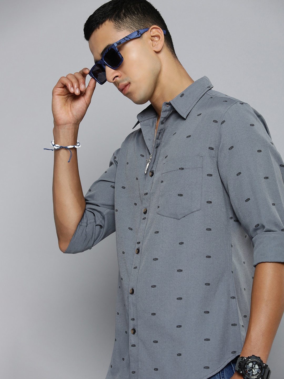 

R.Code by The Roadster Life Co. Printed Casual Shirt, Grey