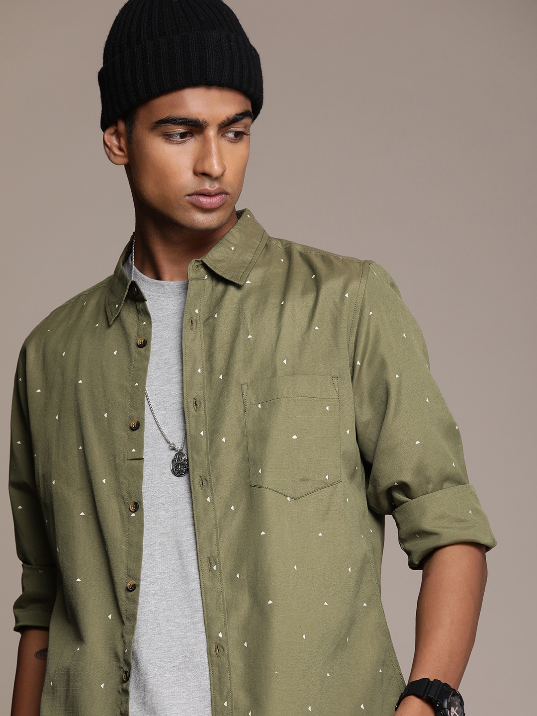 

R.Code by The Roadster Life Co. Geometric Printed Casual Shirt, Olive