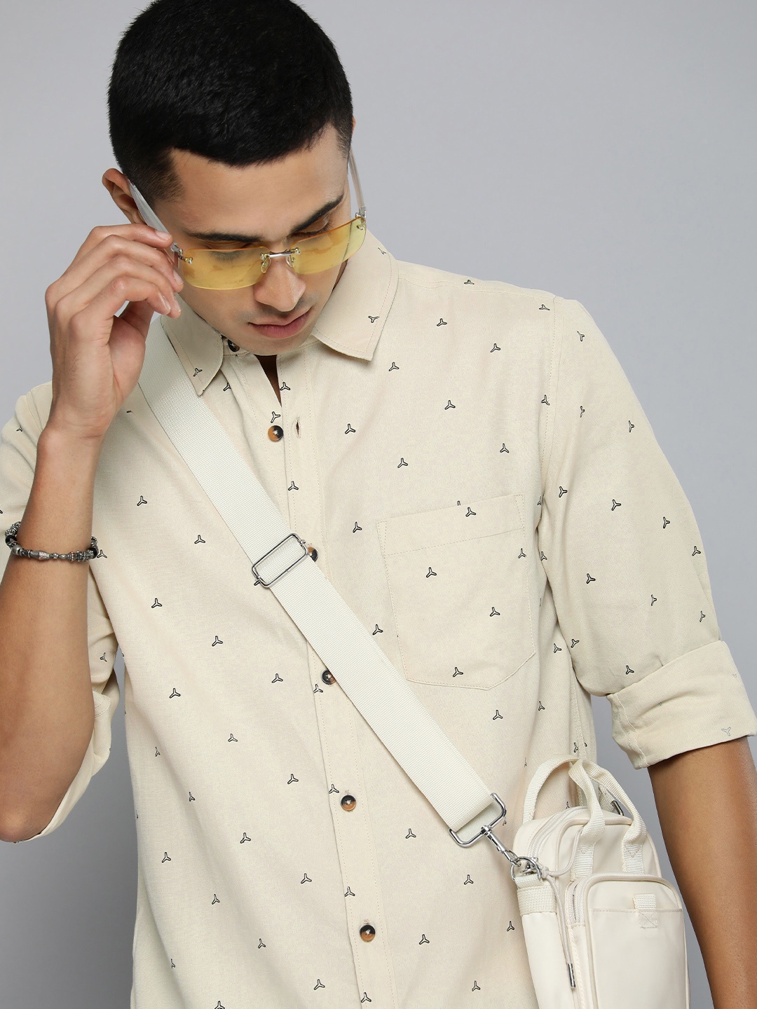 

R.Code by The Roadster Life Co. Geometric Printed Casual Shirt, Beige