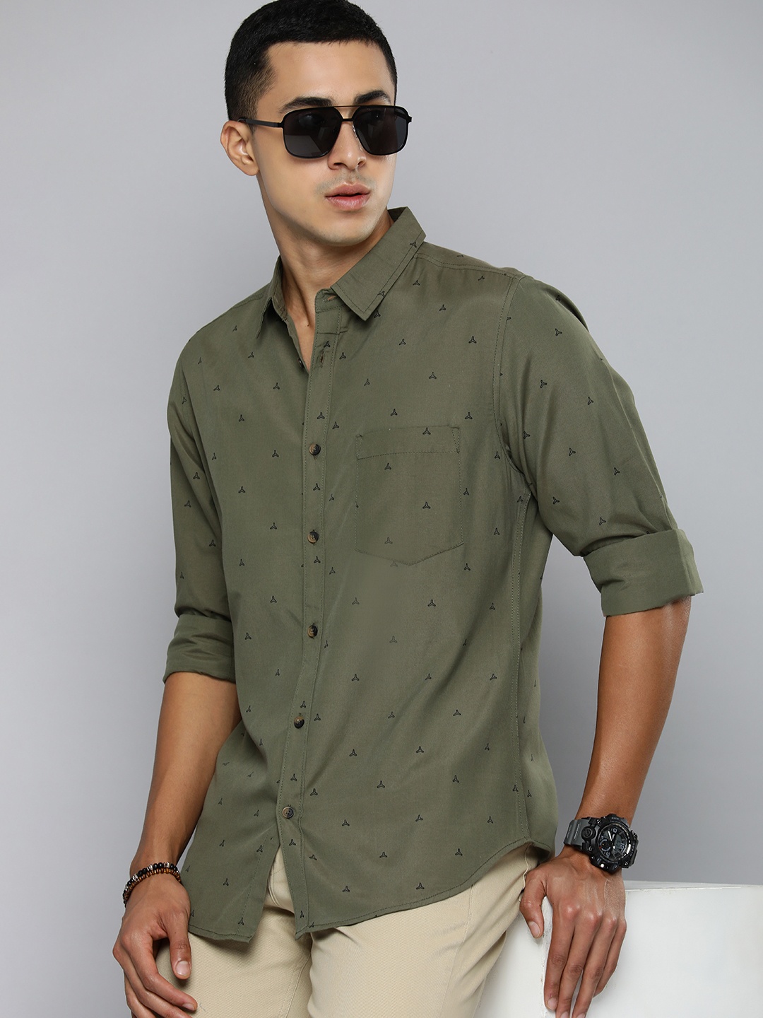 

R.Code by The Roadster Life Co. Printed Casual Shirt, Olive