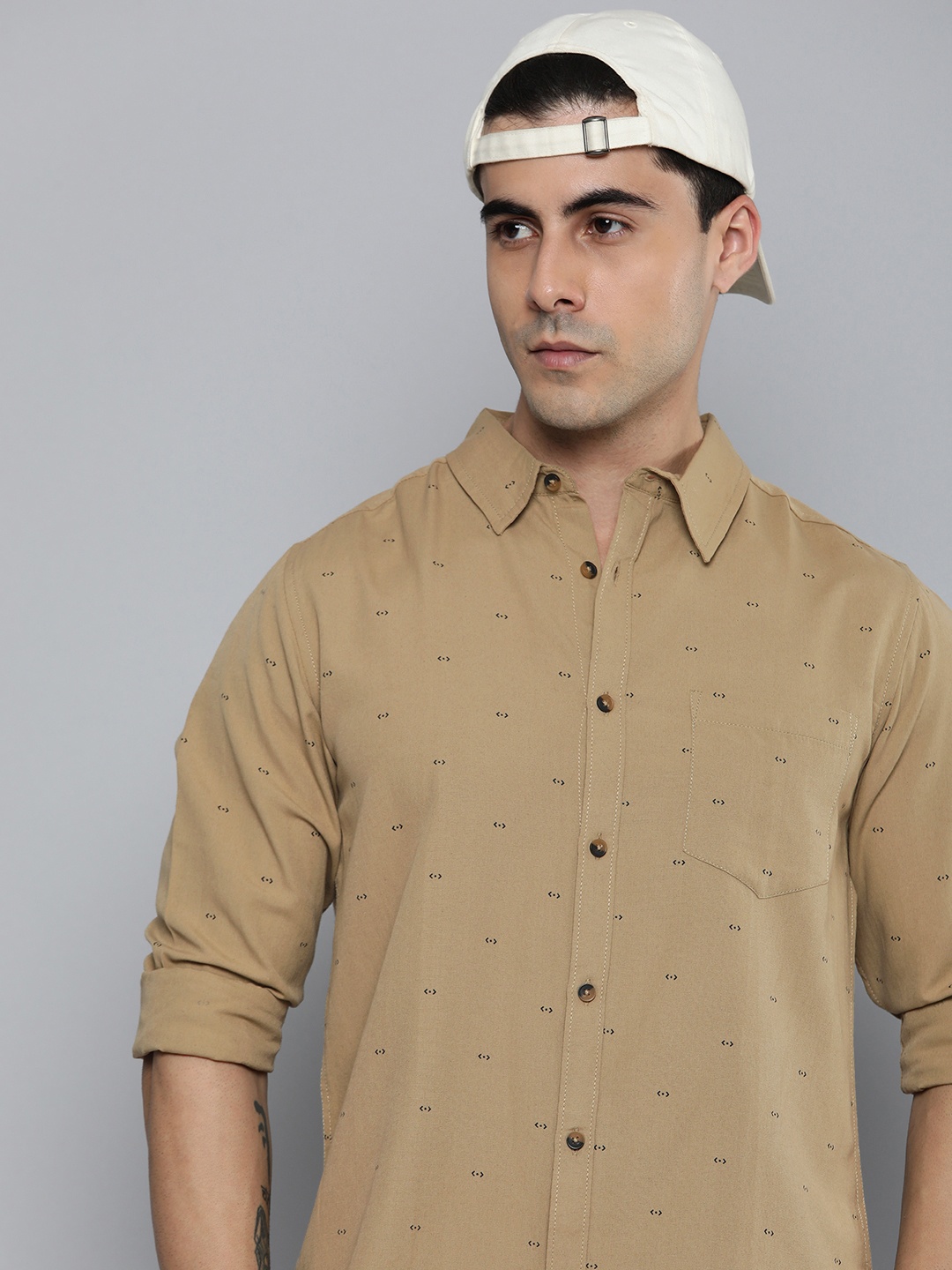 

R.Code by The Roadster Life Co. Printed Casual Shirt, Khaki