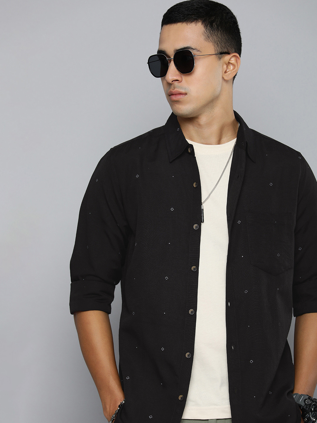 

R.Code by The Roadster Life Co. Geometric Printed Casual Shirt, Black