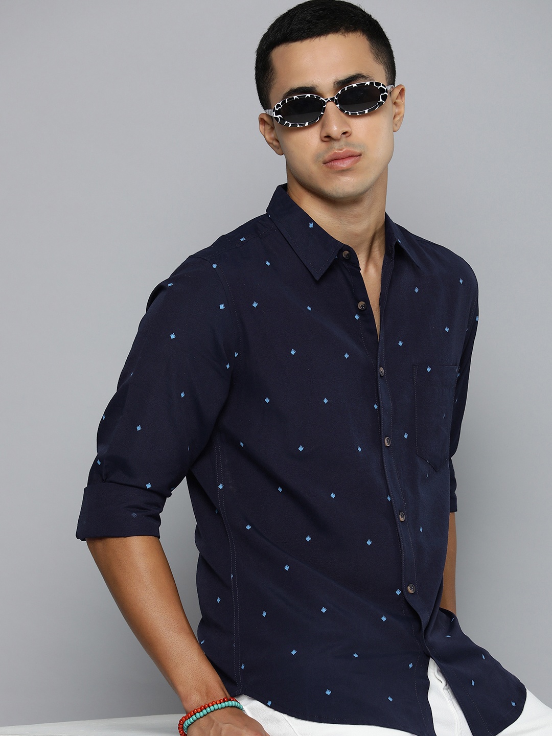 

R.Code by The Roadster Life Co. Geometric Printed Casual Shirt, Navy blue