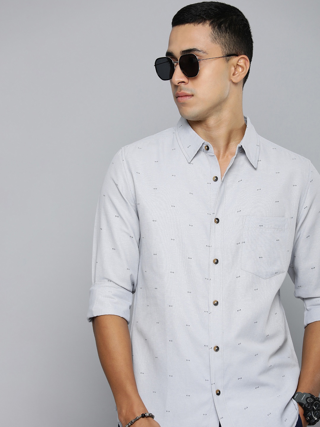 

R.Code by The Roadster Life Co. Geometric Printed Casual Shirt, Grey
