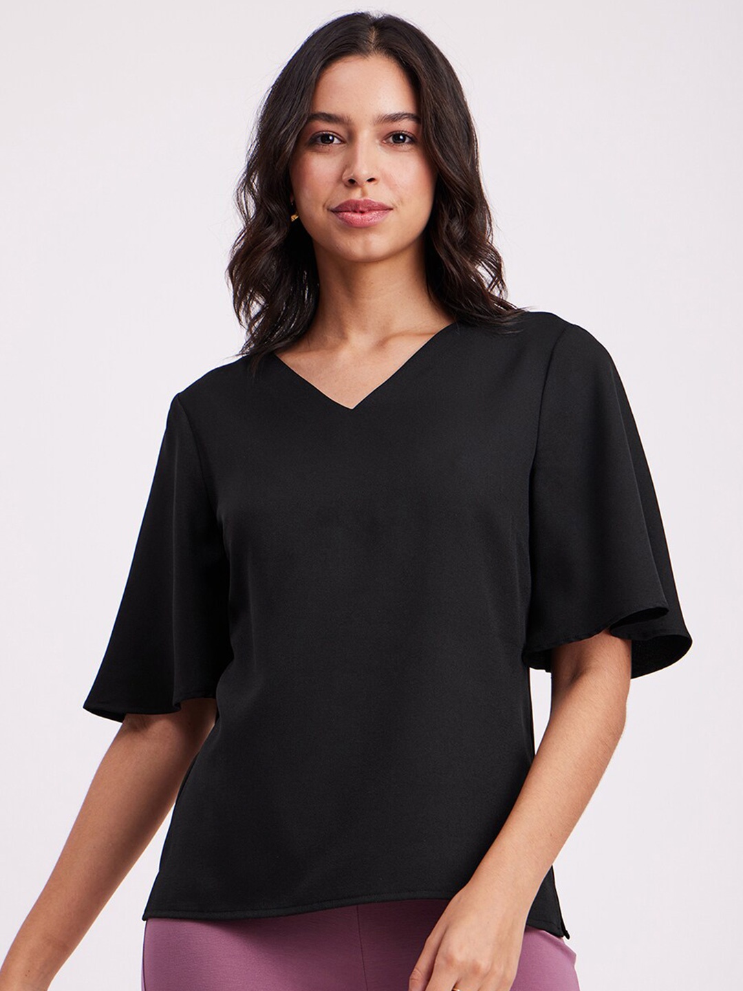 

FableStreet V-Neck Flared Sleeves Top, Black