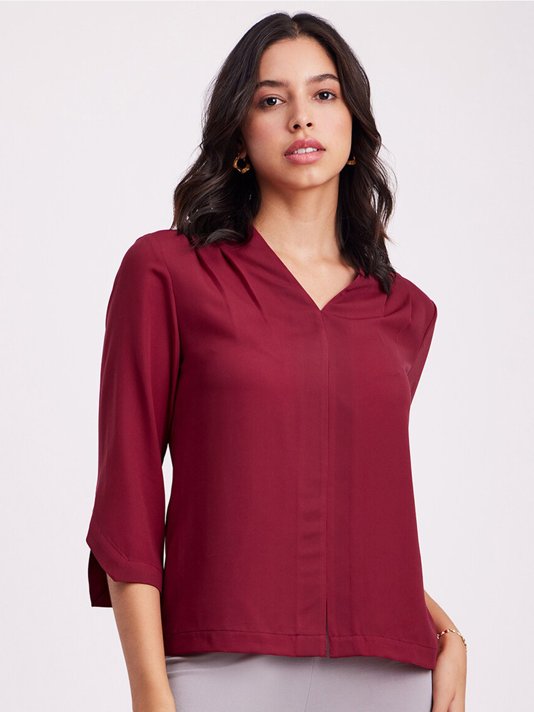 

FableStreet V-Neck Three Quarter Sleeves Shirt StyleTop, Maroon