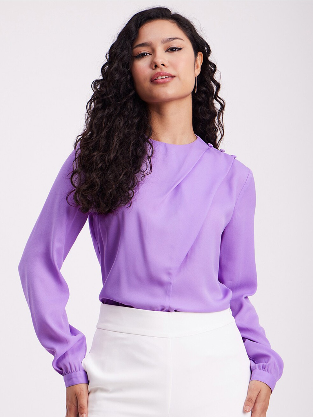 

FableStreet Round Neck Cuffed Sleeves Top, Purple