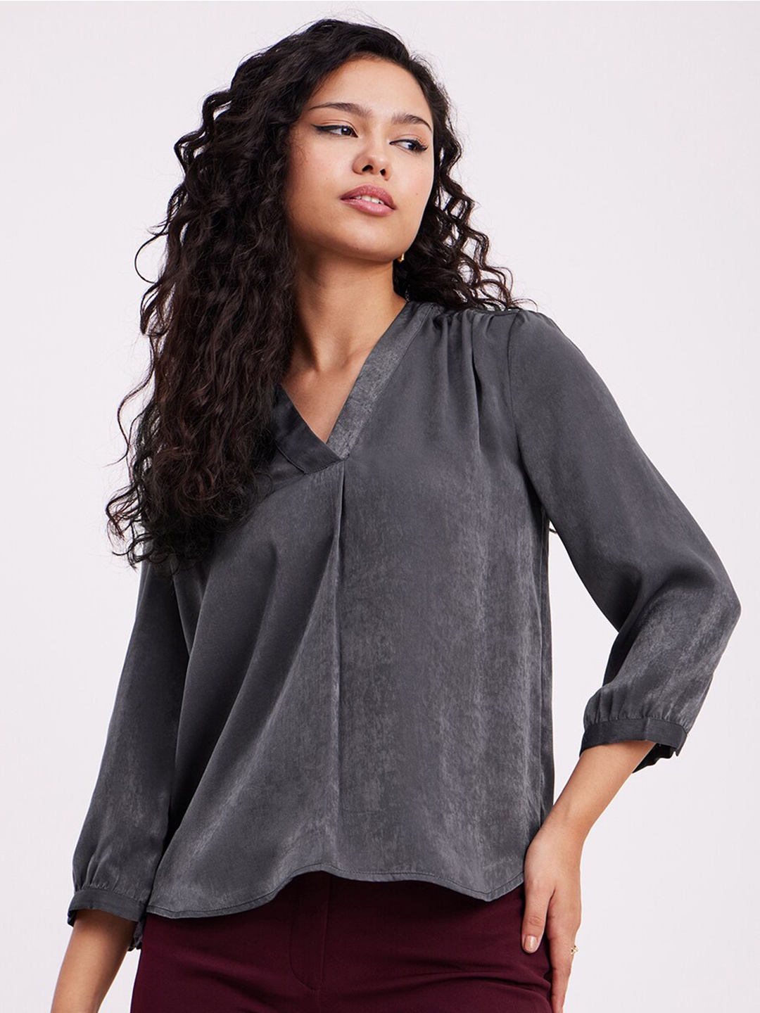 

FableStreet Mandarin Collar Satin Top, Grey
