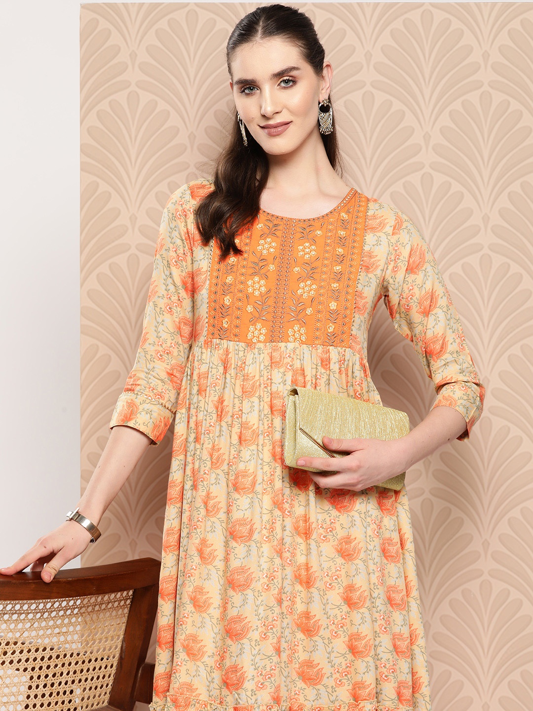 

Indo Era Floral Printed Tiered A-Line Midi Dress, Orange