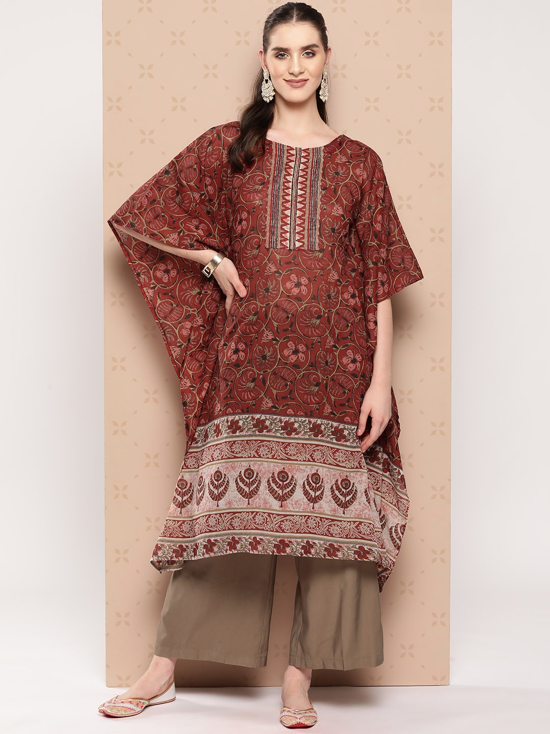 

Indo Era Women Ethnic Motifs Printed Flared Sleeves Kaftan Kurta, Maroon