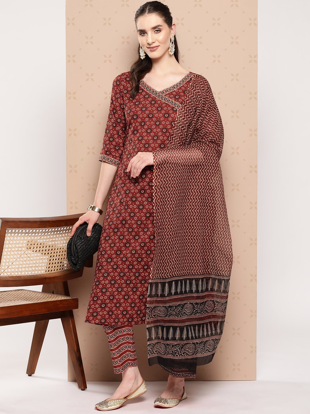 

Indo Era Ethnic Motifs Printed Angrakha Pure Cotton Kurta with Trousers & Dupatta, Maroon