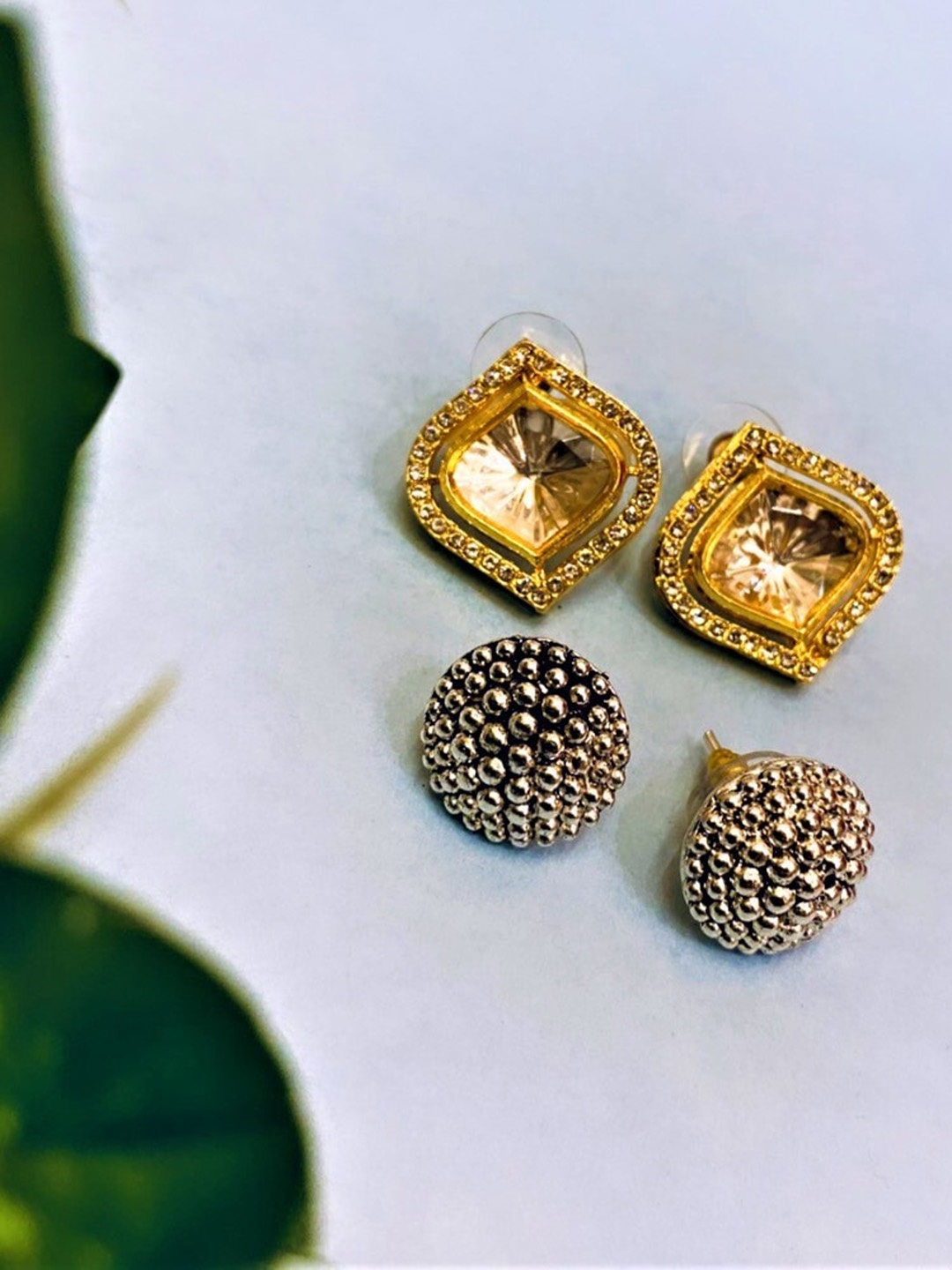 

ATIBELLE Set Of 2 Silver-Plated German Silver Contemporary Studs Earrings