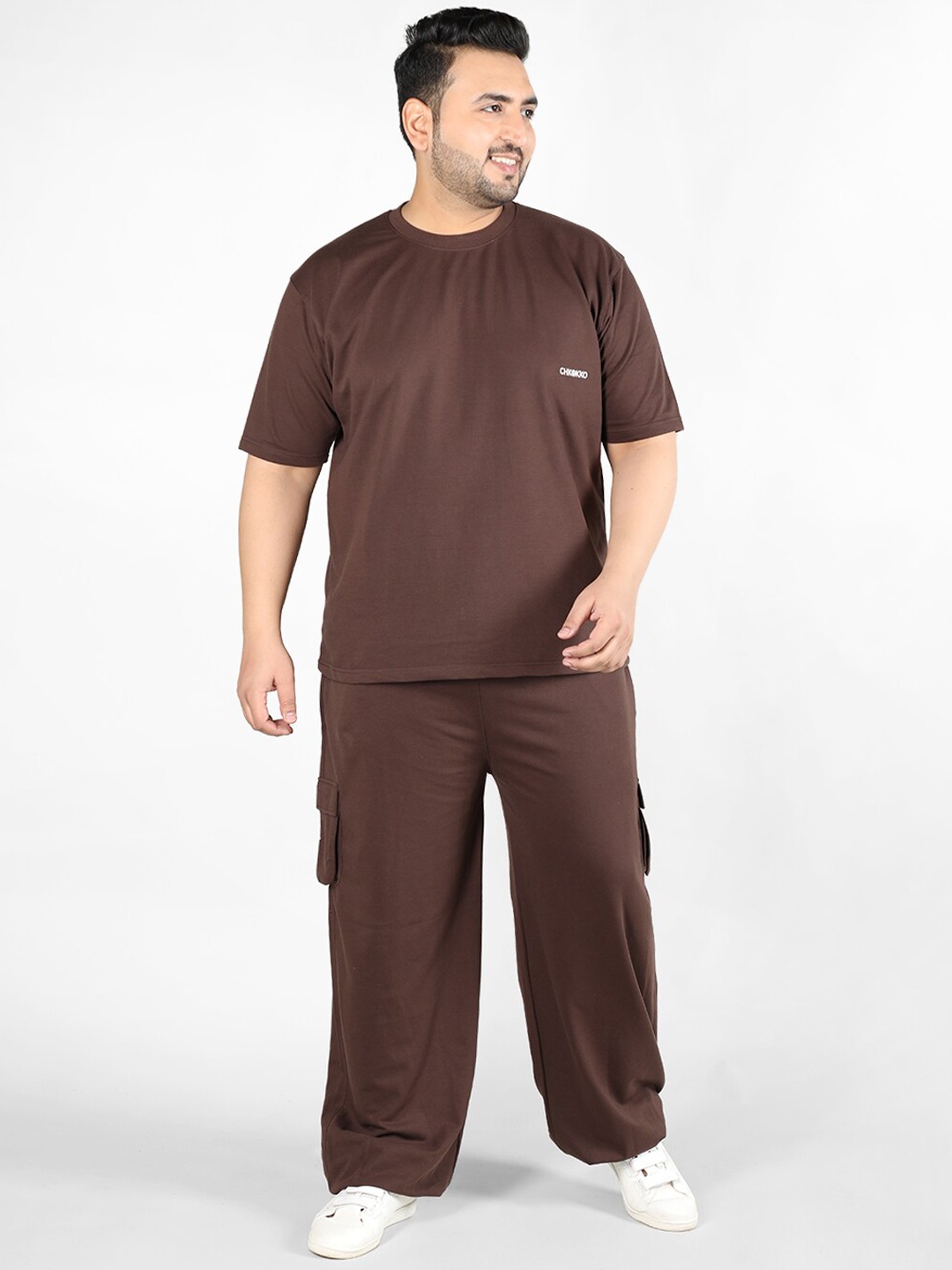 

CHKOKKO Plus Size T-Shirt & Trousers Casual Co-Ords, Coffee brown