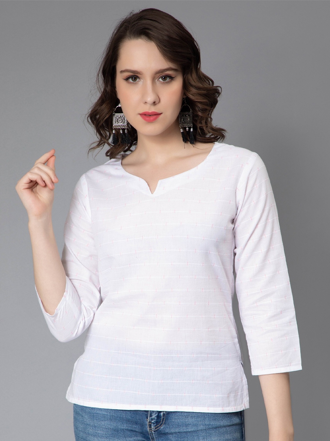 

NUEVOSDAMAS Conversational Printed Cotton A-Line Top, White