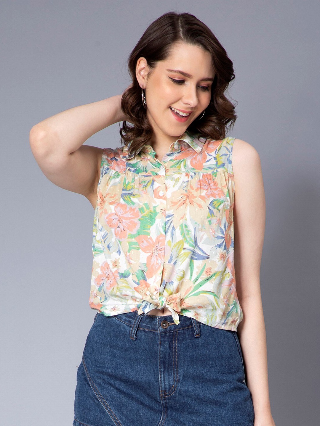 

NUEVOSDAMAS Floral Printed Cotton Shirt Style Top, White