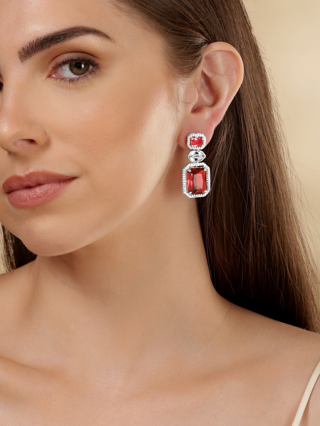 

Rubans Rhodium-Plated CZ Studded Geometric Drop Earrings, Silver