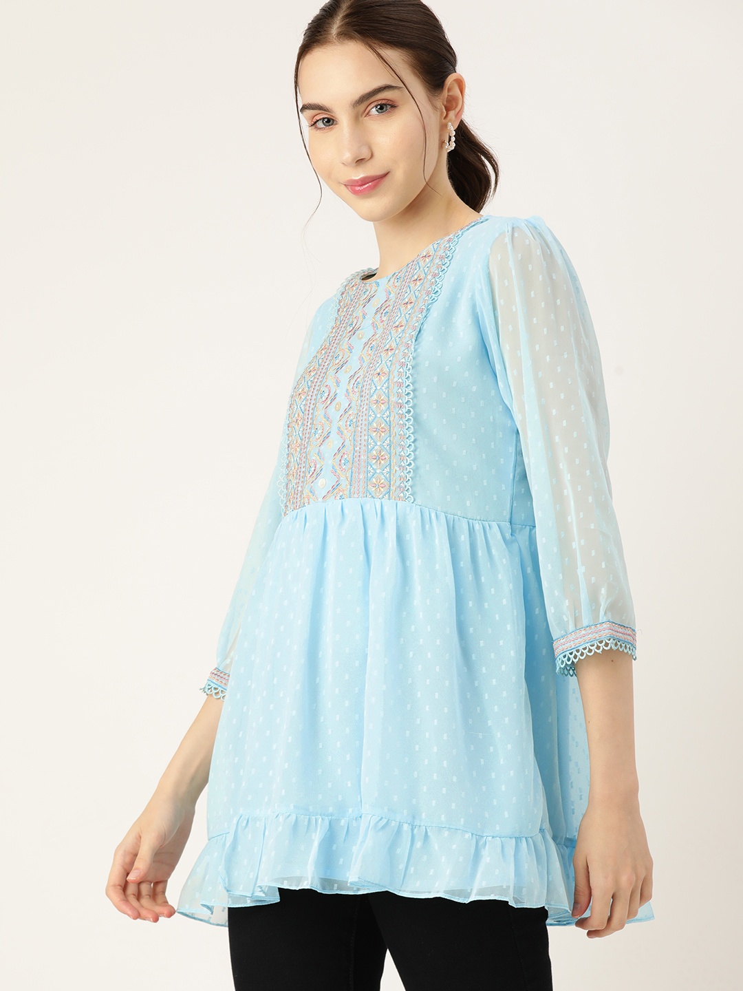 

DressBerry Embroidered Puff Sleeve Longline Top, Turquoise blue