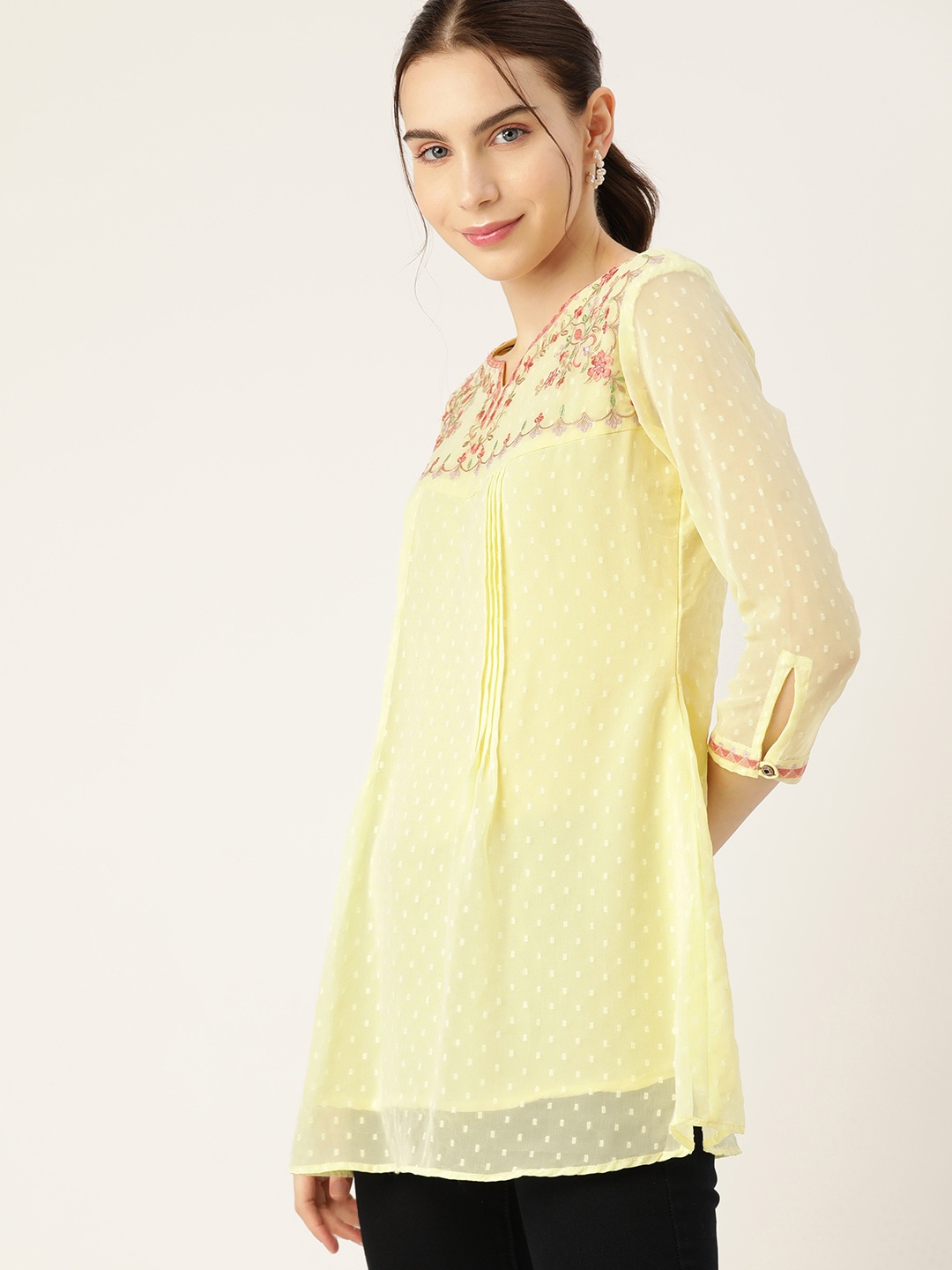 

DressBerry Floral Embroidered Sweetheart Neck Dobby Longline Top, Yellow