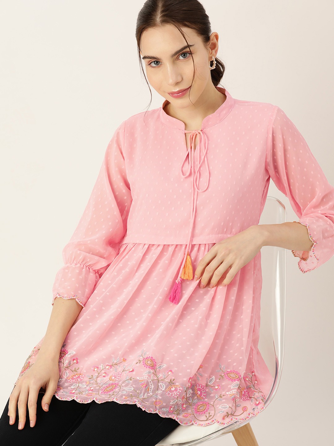 

DressBerry Tie-Up Neck Puff Sleeve Dobby Longline Top, Pink