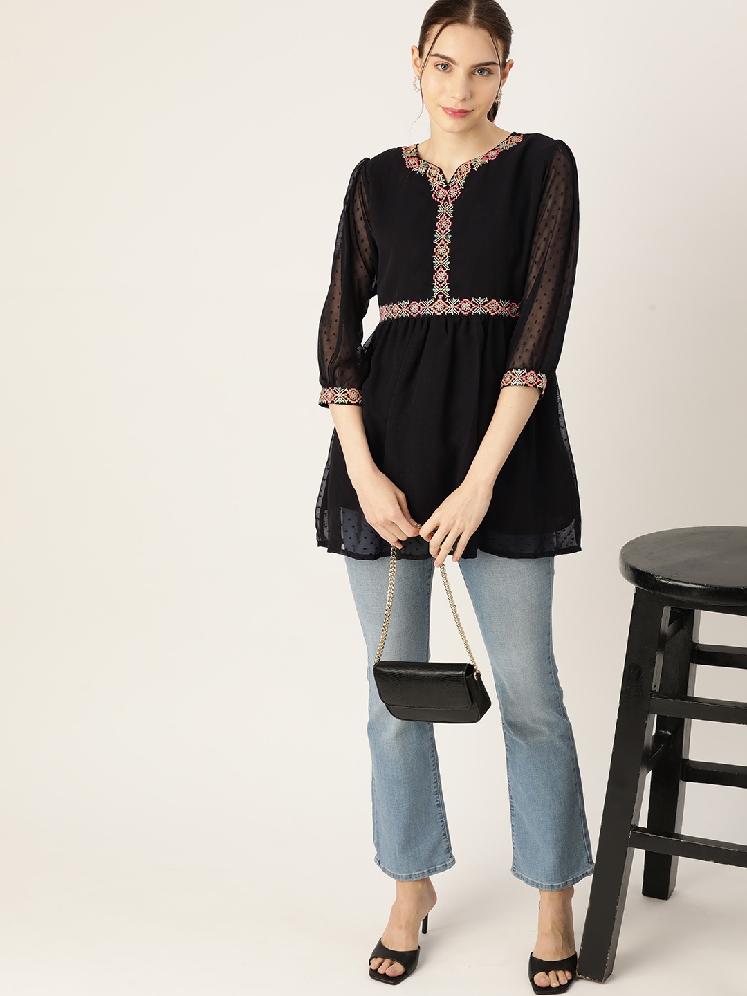 

DressBerry Floral Embroidered Puff Sleeve Dobby Longline Top, Black