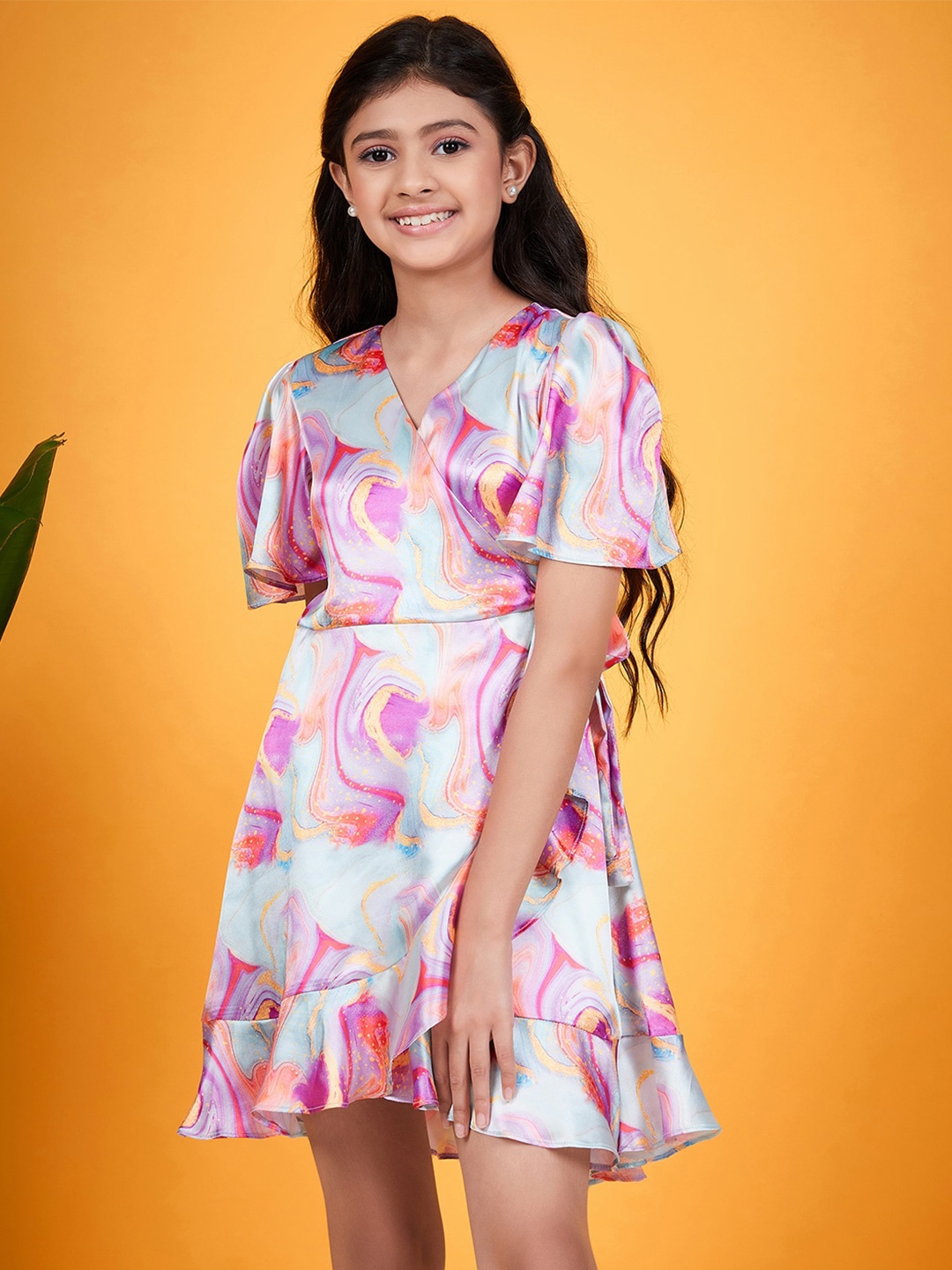 

pspeaches Girls Abstract Printed V-Neck Flared Sleeves Tie-Up Satin Fit & Flare Dress, Blue