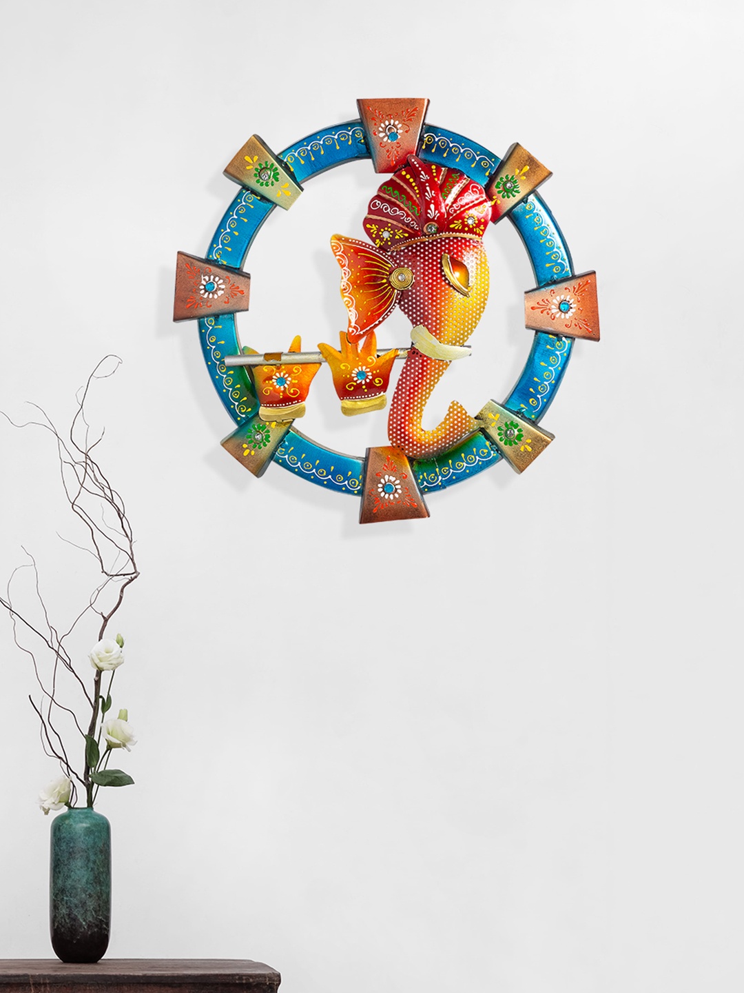 

Golden Peacock Blue & Red Ganesha Metal Wall Hanging