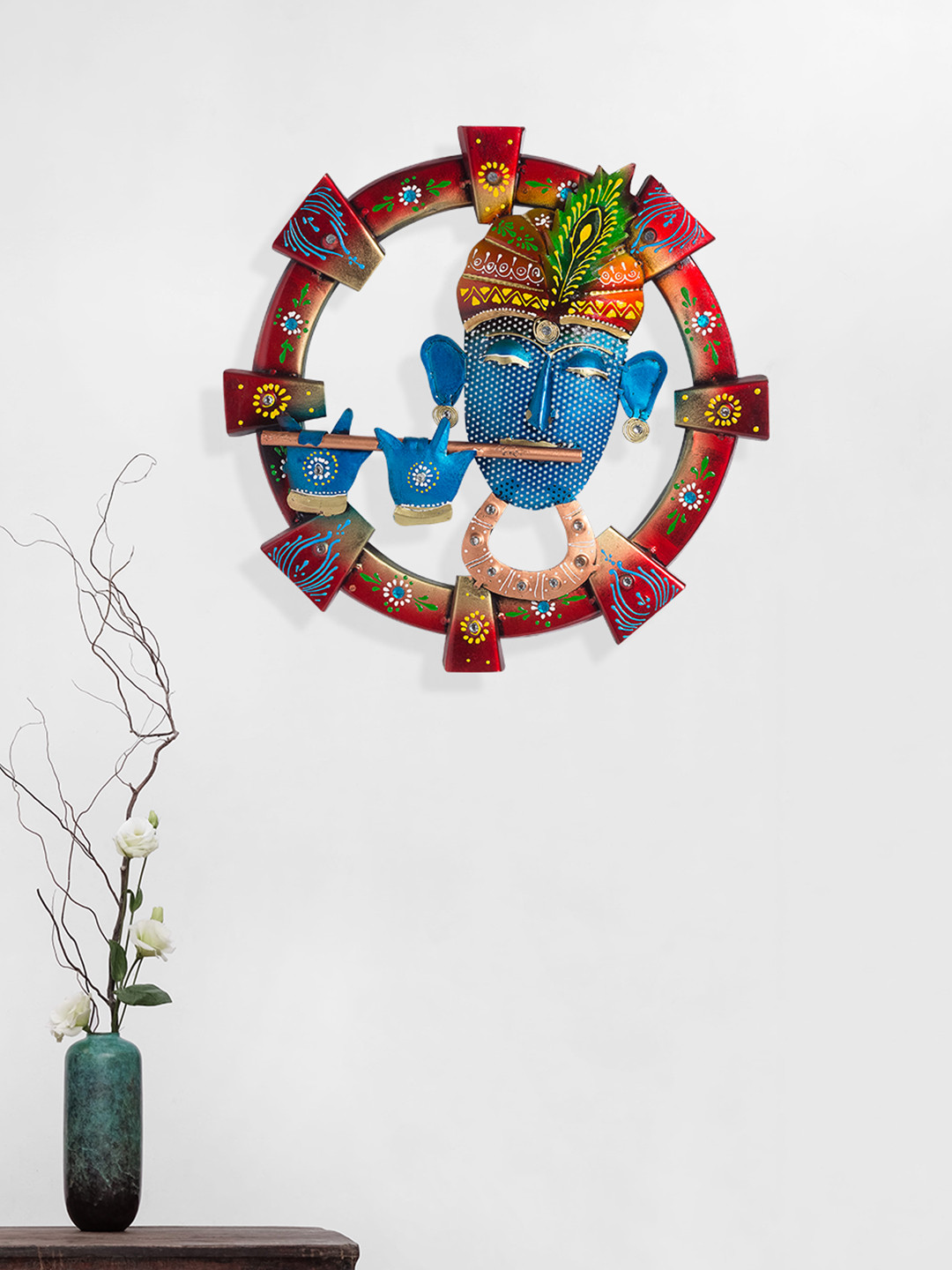 

Golden Peacock Blue & Red Metal Wall Hanging