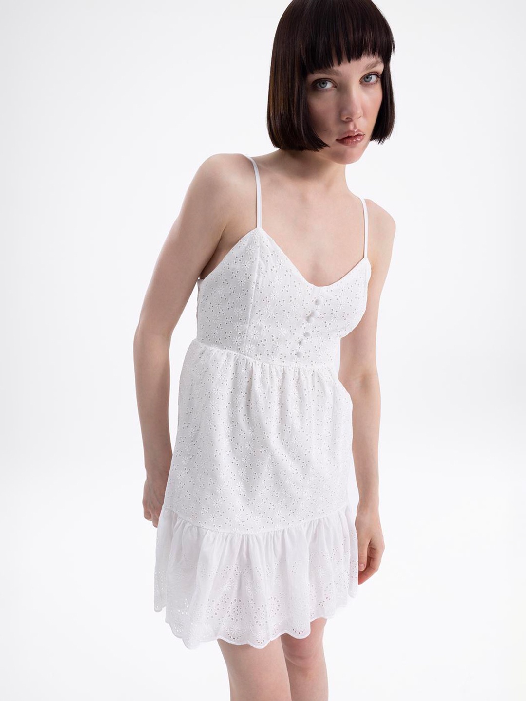 

PRET A TUER Self Design Shoulder Straps Schiffli Cotton A-Line Dress, White