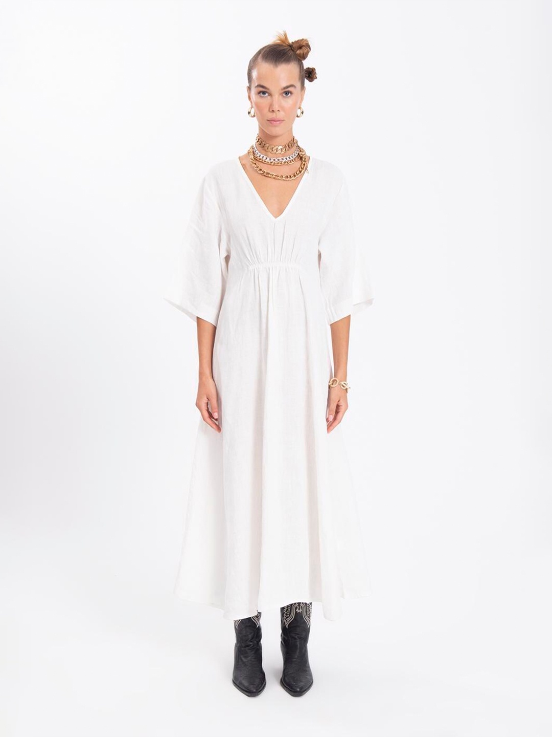 

PRET A TUER V-Neck Linen A-Line Midi Dress, Off white