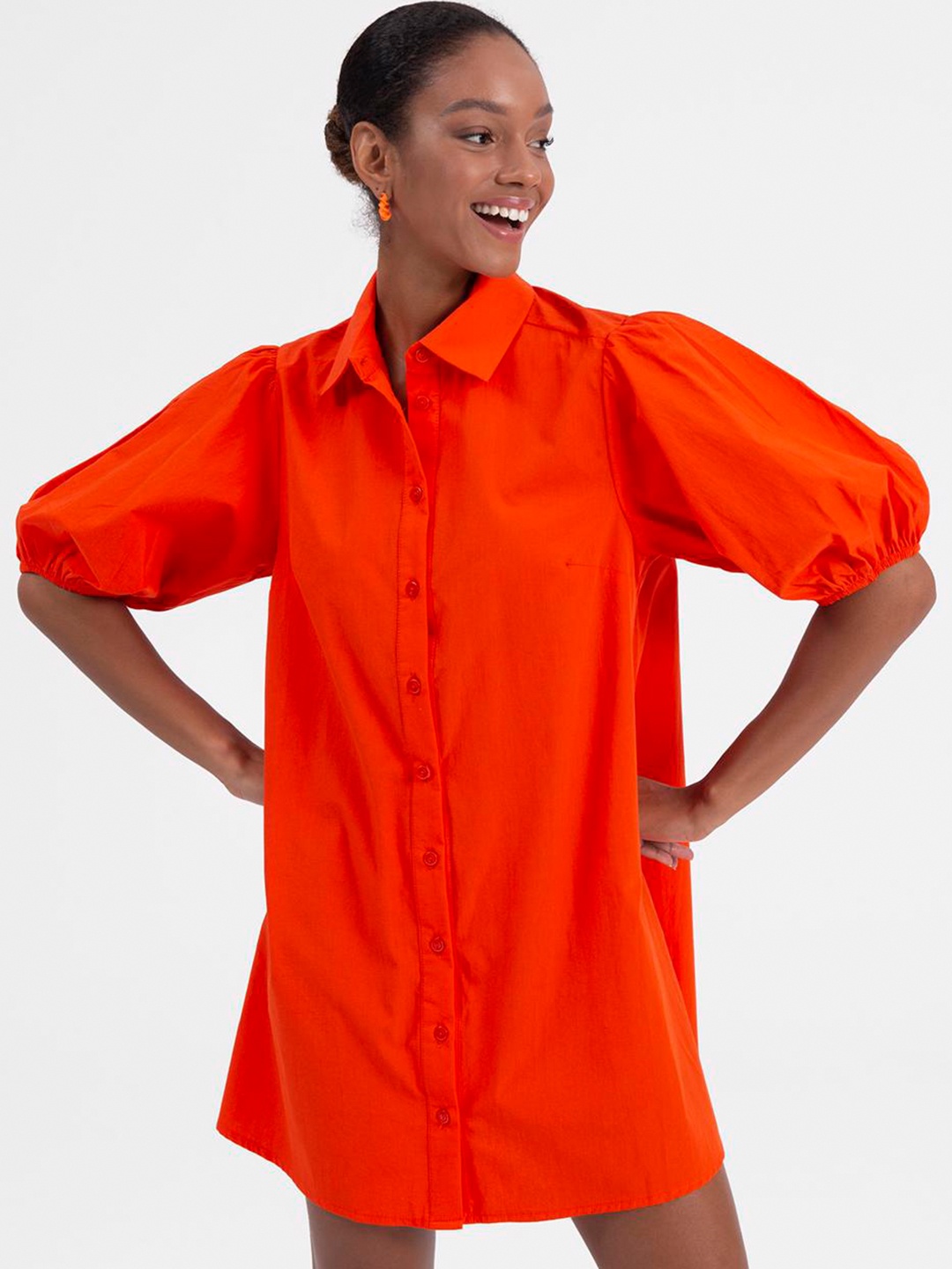 

PRET A TUER Shirt Collar Puff Sleeve Cotton Shirt Style Mini Dress, Orange